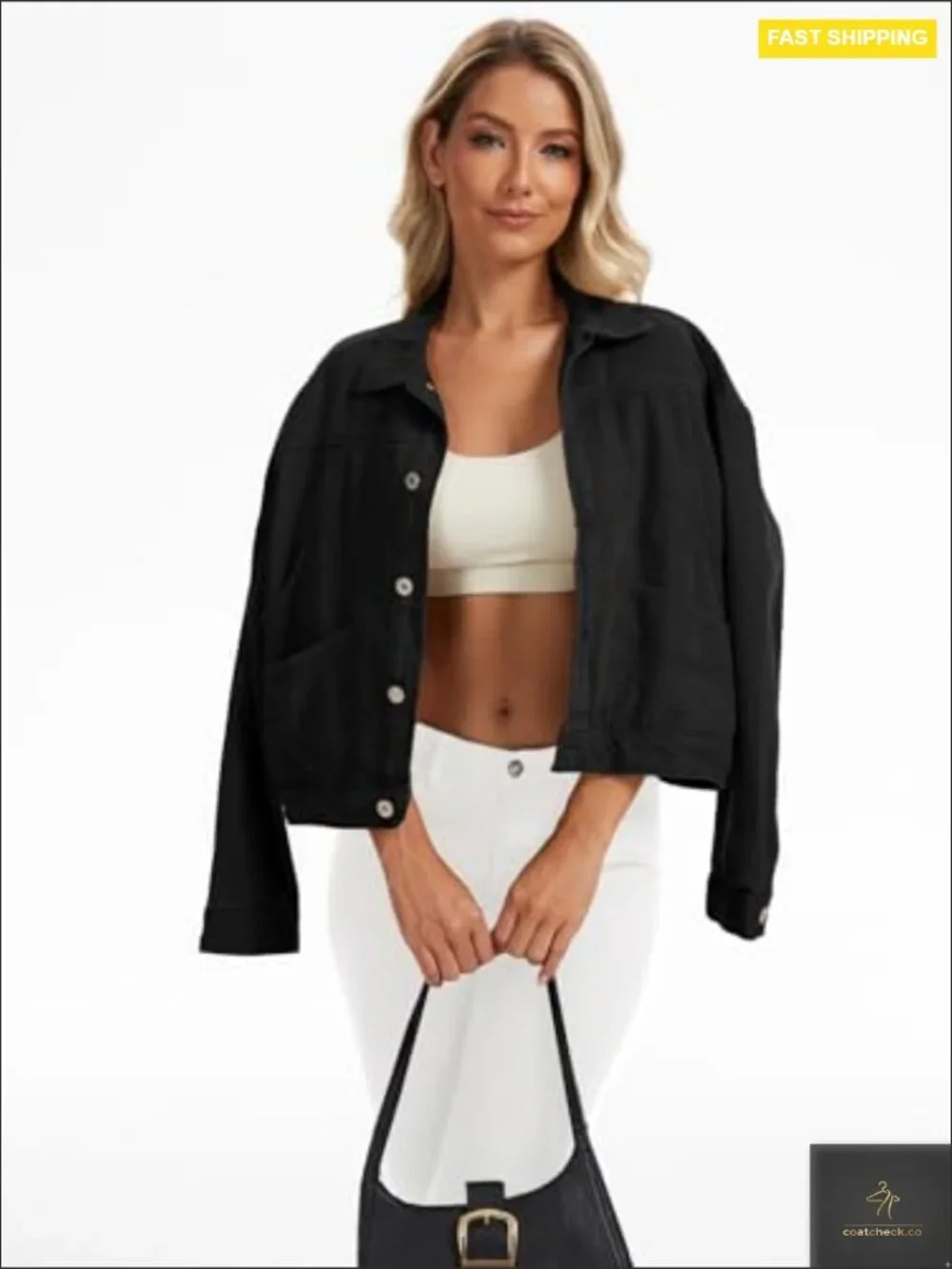 Oversized Cropped Denim Jacket Button Down Shacket Trucker Multi Pockets_6